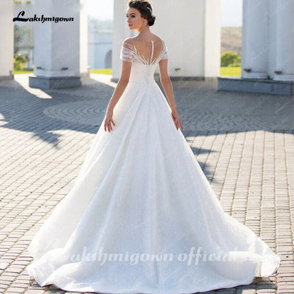 NumberSea Sparkling Off-The-Shoulder Wedding Dress Elegant Glitter Lace A-Line Bridal Gown with Illusion Pleats Short Sleeves