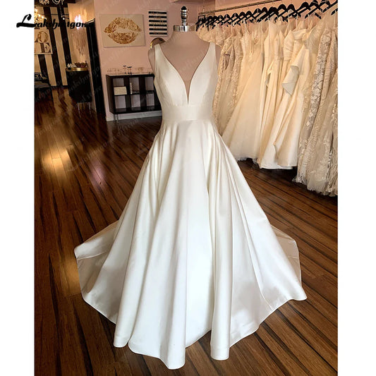 NumberSea Simple White A Line Wedding Dresses Backless 2025 Summer Beach Robe Satin Sexy Bridal Gowns Brautkleid