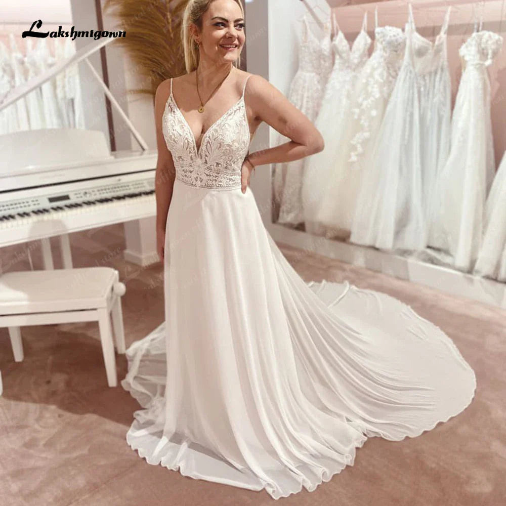 NumberSea Off White Lace Chiffon A-Line Boho Hochzeitskleid 2024 V-Ausschnitt Elegante Strand Brautkleider Vestidos Para Mujer 