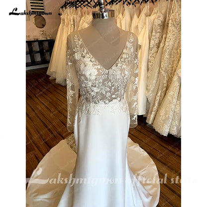 NumberSea Vintage Lace Long Sleeve Boho Wedding Gowns 2025 Abito Da Sposa Sexy Soft Satin Bridal Dress Plunging Open Back