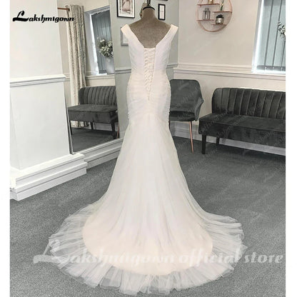 NumberSea Tüll Falten Meerjungfrau Formale Brautkleider mit Perlen Gürtel Off the Shoulder Off White 2025 Brautkleider 