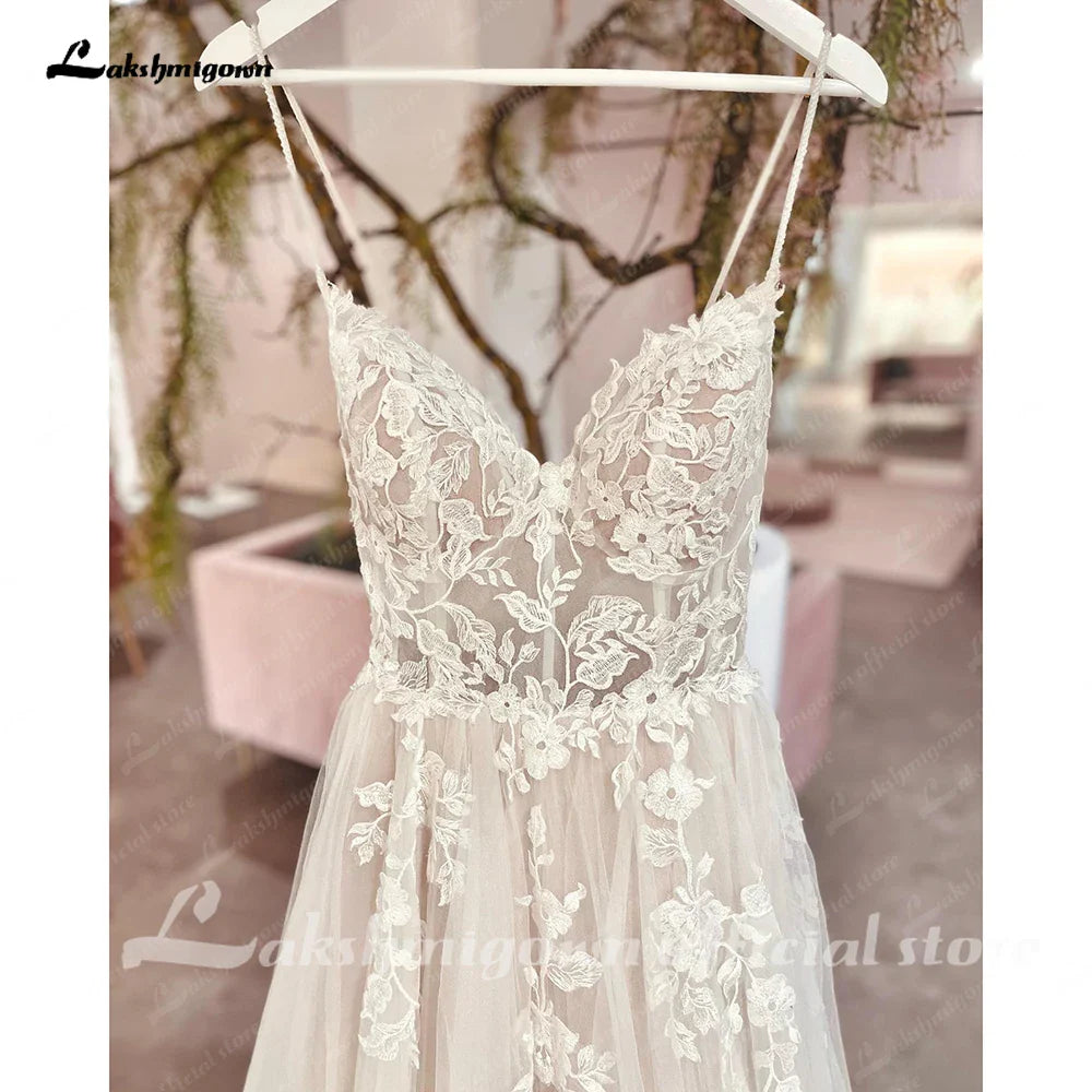 NumberSea Spaghetti Straps Wedding Dress 2025 Robe Elegant Long Bridal Beach Wedding Gowns Floral Lace Appliques Robe de marie