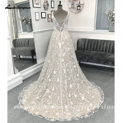 NumberSea Vintage Champagne Full Lace Boho Wedding Dress 2025 Vestidos Noivas V Neck Sexy Bridal Wedding Gowns Open Back