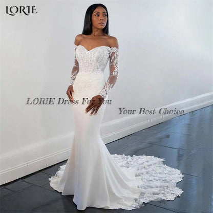 LORIE Vintage Lace Mermaid Wedding Dresses Off Shoulder Long Sleeves Appliques Bridal Gowns Backless Bodycon V-Neck Bride Dress