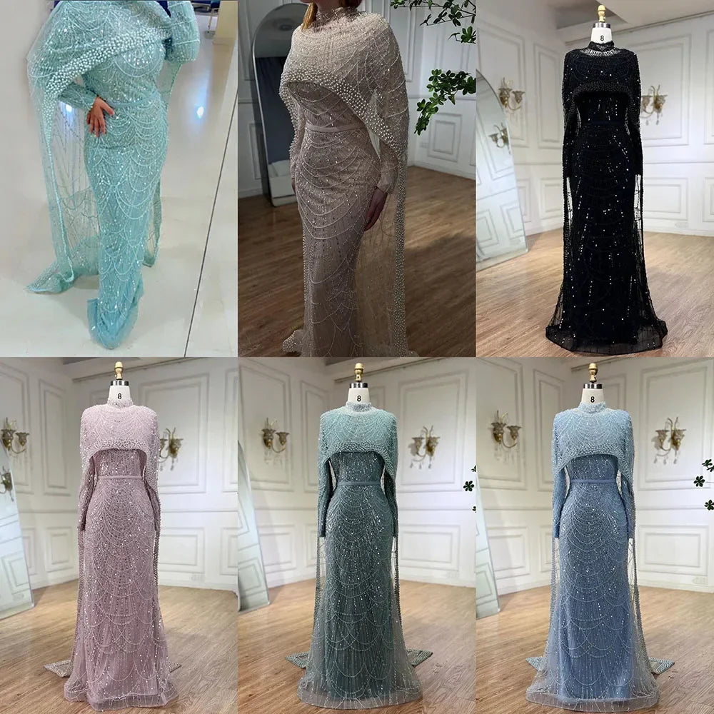 Numbersea Mermaid Long Cape Dubai Arabia Luxury Evening Dresses Gowns for Women Wedding Party  LA72032M