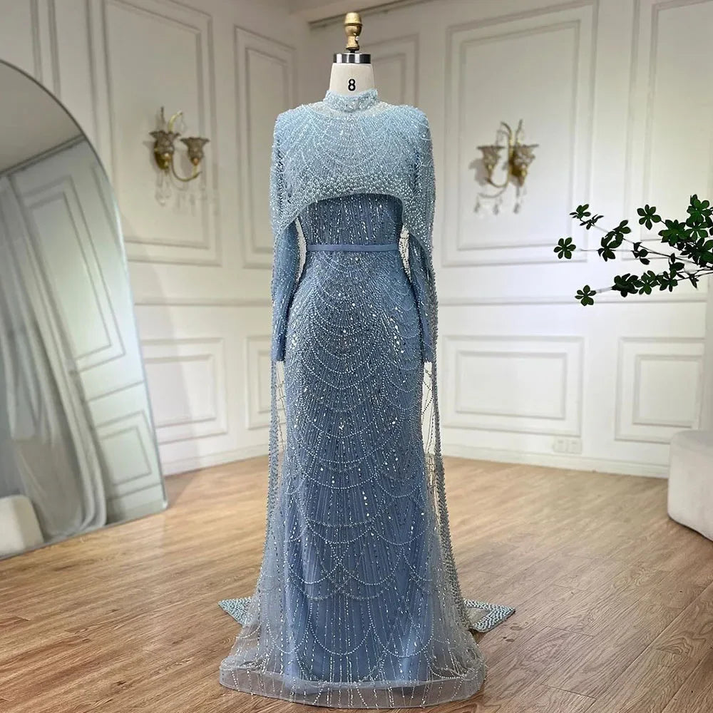 Numbersea Mermaid Long Cape Dubai Arabia Luxury Evening Dresses Gowns for Women Wedding Party  LA72032M