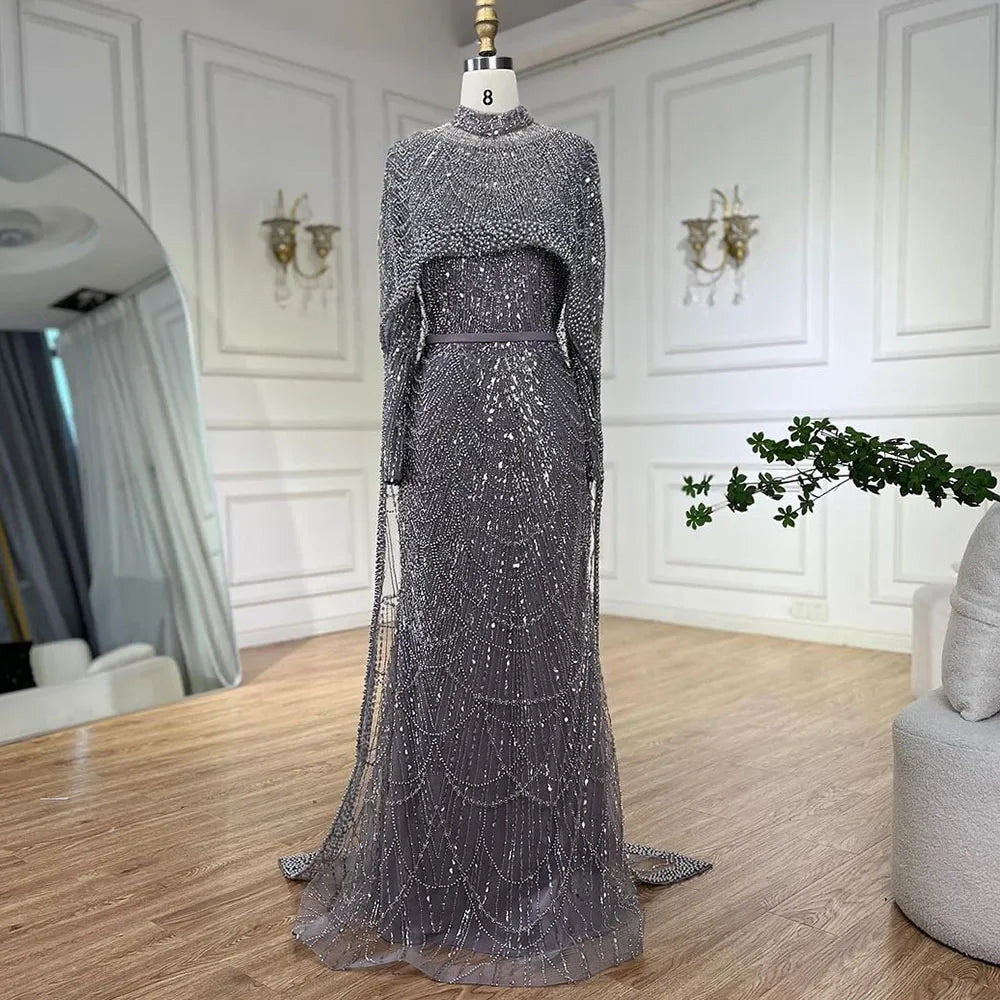 Numbersea Mermaid Long Cape Dubai Arabia Luxury Evening Dresses Gowns for Women Wedding Party  LA72032M