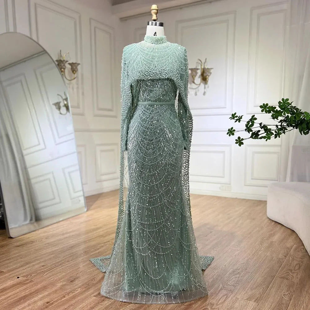 Numbersea Mermaid Long Cape Dubai Arabia Luxury Evening Dresses Gowns for Women Wedding Party  LA72032M