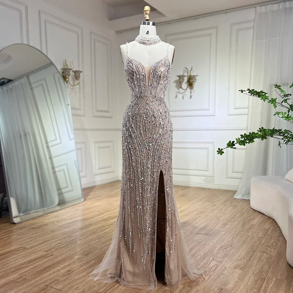 Serene Hill Silver Nude Mermaid Spaghetti with split Strap Beaded Evening Dresses Prom Gowns For Woman Party 2024 LA72047B