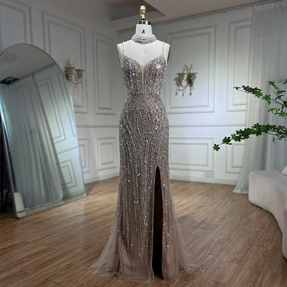 Serene Hill Silver Nude Mermaid Spaghetti with split Strap Beaded Evening Dresses Prom Gowns For Woman Party 2024 LA72047B