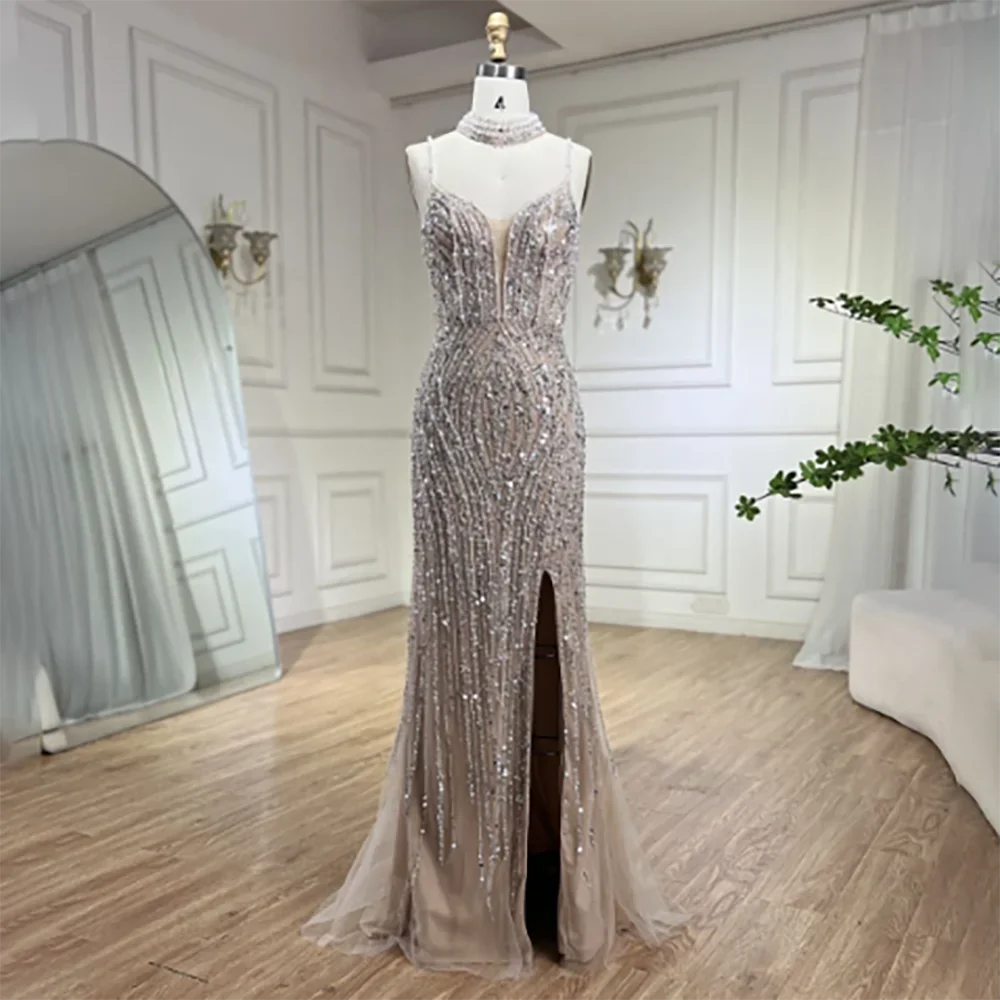 Serene Hill Silver Nude Mermaid Spaghetti with split Strap Beaded Evening Dresses Prom Gowns For Woman Party 2024 LA72047B