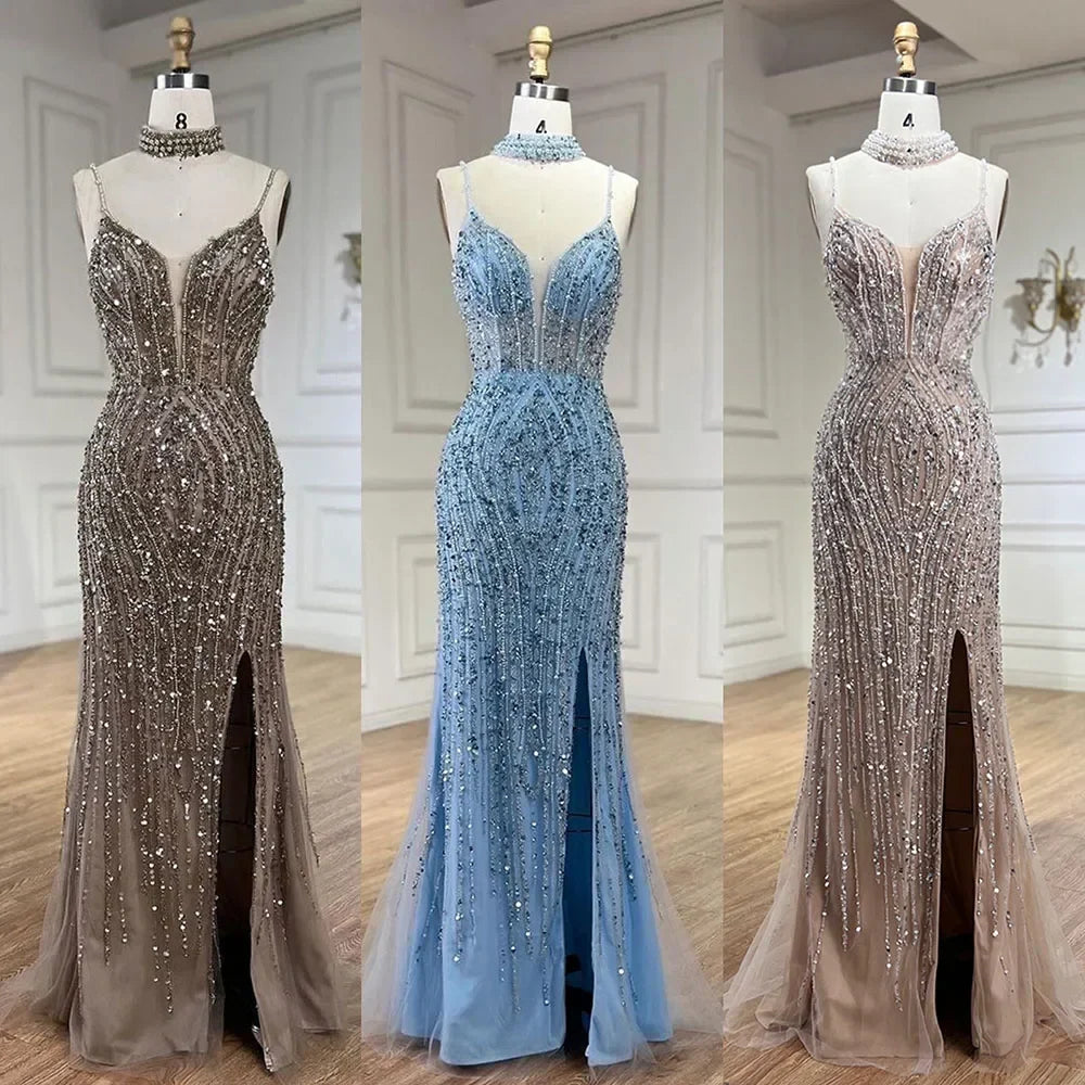 Serene Hill Silver Nude Mermaid Spaghetti with split Strap Beaded Evening Dresses Prom Gowns For Woman Party 2024 LA72047B