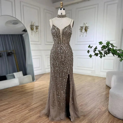 Serene Hill Silver Nude Mermaid Spaghetti with split Strap Beaded Evening Dresses Prom Gowns For Woman Party 2024 LA72047B