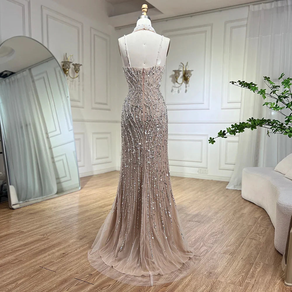 Serene Hill Silver Nude Mermaid Spaghetti with split Strap Beaded Evening Dresses Prom Gowns For Woman Party 2024 LA72047B