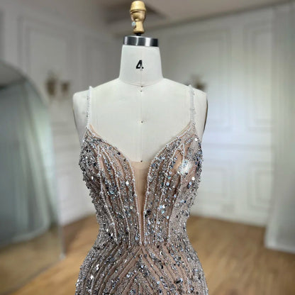 Serene Hill Silver Nude Mermaid Spaghetti with split Strap Beaded Evening Dresses Prom Gowns For Woman Party 2024 LA72047B