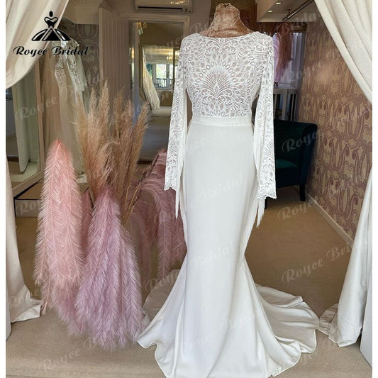 Sexy Bohemian Mermaid Wedding Gowns 2025 Robe Civil Satin Tassel Long Sleeve Bridal Boho Lace Bodice Wedding Gowns Open Back