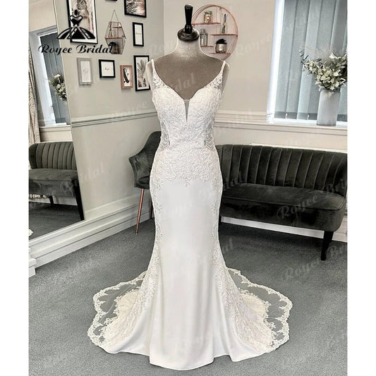 Sexy Boho Civil Mermaid Lace V Neck Crepe Wedding Dress 2024 Spaghetti Straps Reception Dresses for Bride Gown robe de soirée