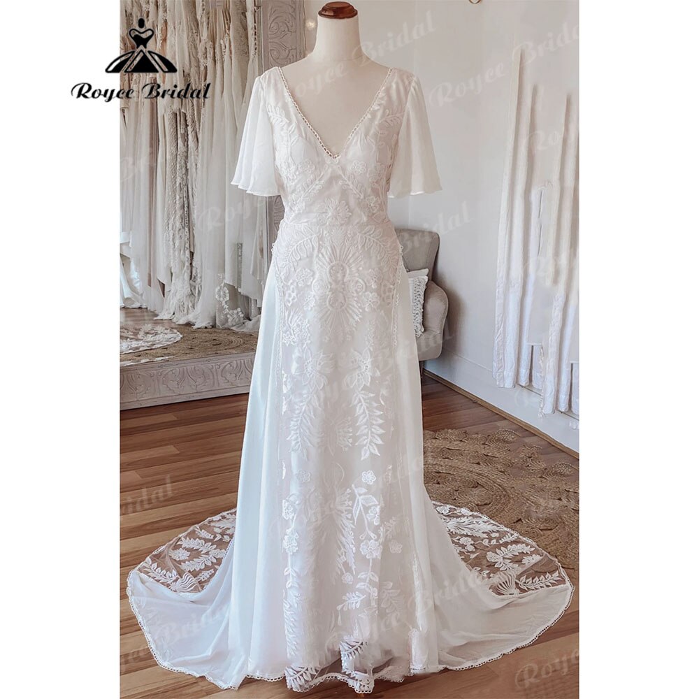 Sexy Boho V Neck Lace Short Sleeve Chiffon Bohemian Beach Women Wedding Dress 2025 Bridal Gowns vestido de novia playa Backless