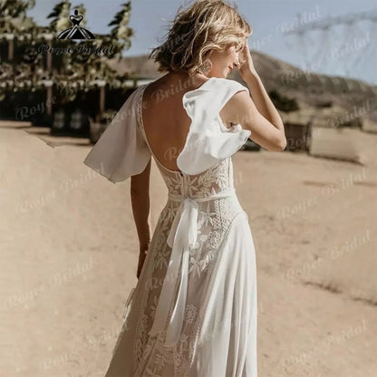 Sexy Boho V Neck Lace Short Sleeve Chiffon Bohemian Beach Women Wedding Dress 2025 Bridal Gowns vestido de novia playa Backless