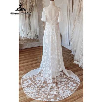 Sexy Boho V Neck Lace Short Sleeve Chiffon Bohemian Beach Women Wedding Dress 2025 Bridal Gowns vestido de novia playa Backless