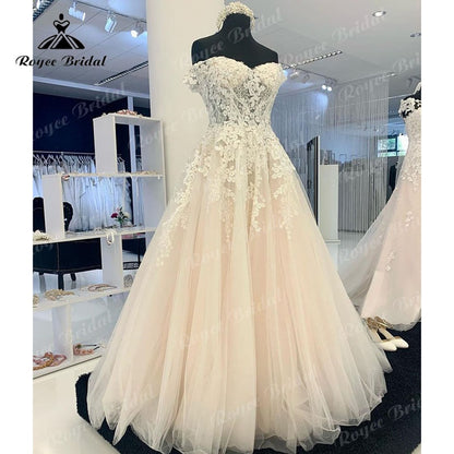 NumberSea Sexy Braut Strand Spitze Appliques Flügelärmeln Brautkleid Weg Von Der Schulter Sommer 2025 Robe Femme Boho Tüll A Linie Brautkleid 