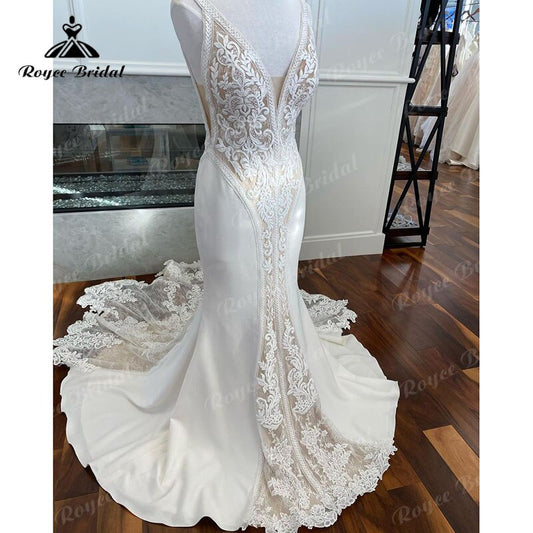 NumberSea Sexy Deep V Neck Lace Mermaid/Trumpet Wedding Dress Court Train Appliques 2025 Spaghetti Straps Vestidos De Novia Open Back