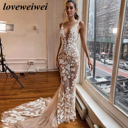 Sexy Lace Mermaid Wedding Dress Plunging V-Neck Boho Bridal Gown Backless Court Train Custom Vestido De Noiva vestido de noiva