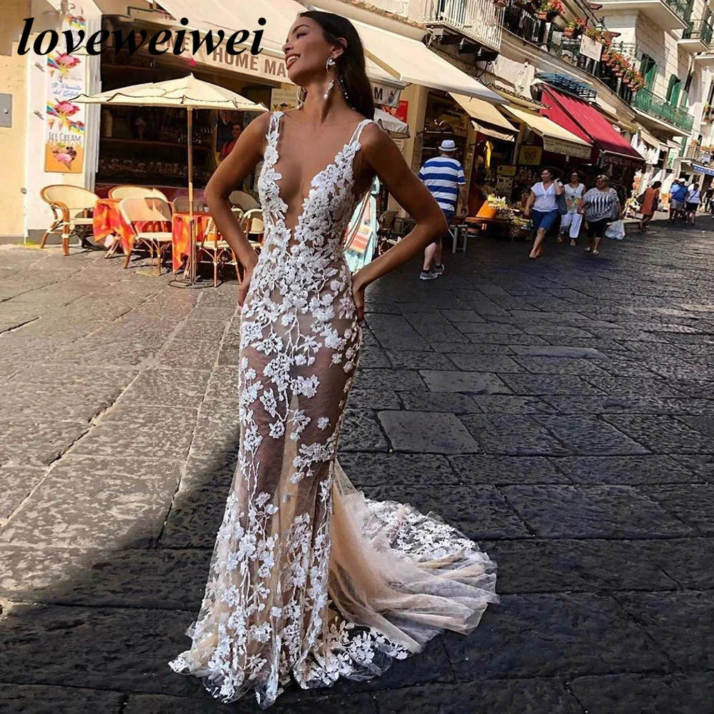 Sexy Lace Mermaid Wedding Dress Plunging V-Neck Boho Bridal Gown Backless Court Train Custom Vestido De Noiva vestido de noiva