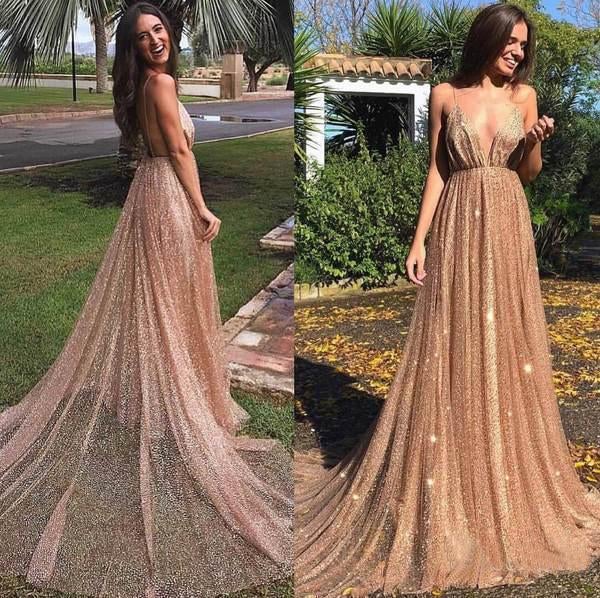 Prom Dresses Sexy Sequin Tulle Backless Spaghetti Straps V Neck Long