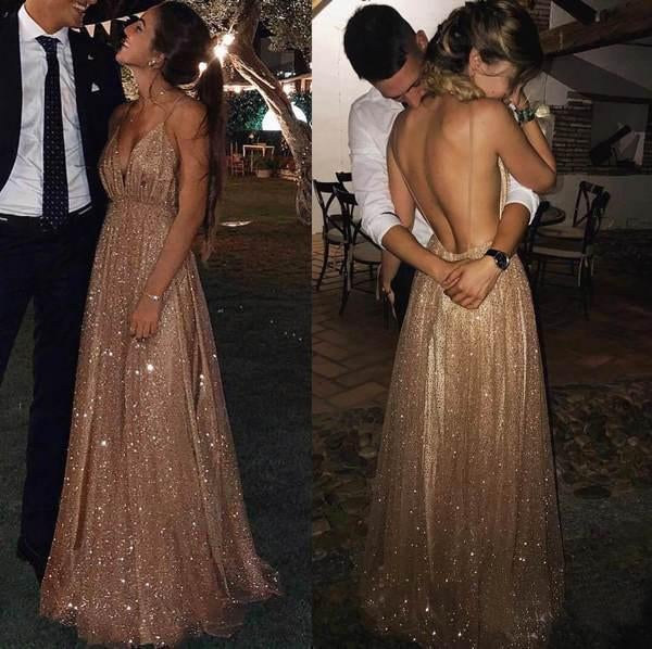 Prom Dresses Sexy Sequin Tulle Backless Spaghetti Straps V Neck Long