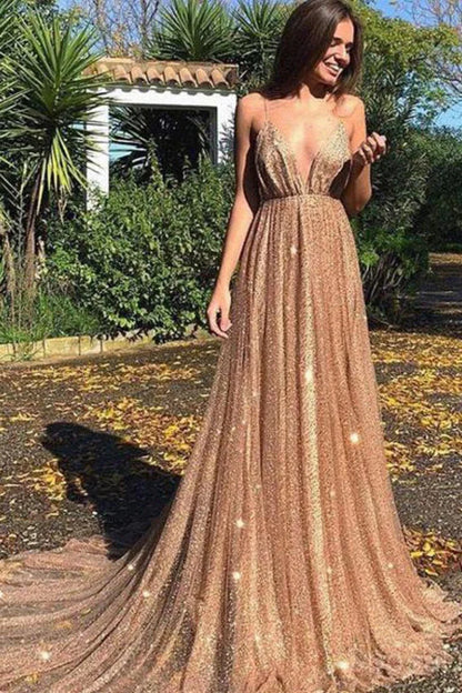 Prom Dresses Sexy Sequin Tulle Backless Spaghetti Straps V Neck Long