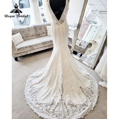 NumberSea Sexy V Neck Cut-out Lace Appliques Sleeveless Mermaid/Trumpet Wedding Dress 2025 Robe Bridal Beach Wedding Gowns for Women