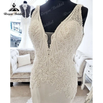 NumberSea Sexy V Neck Cut-out Lace Appliques Sleeveless Mermaid/Trumpet Wedding Dress 2025 Robe Bridal Beach Wedding Gowns for Women