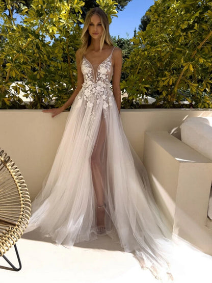 Sexy V-neck Wedding Dress Spaghetti Straps Side Slit Appliques Backless  Boho A-line Bridal Gown Beach Vestido De Novia