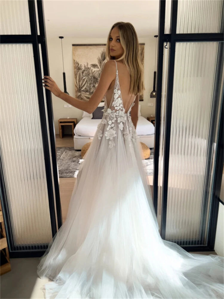 Sexy V-neck Wedding Dress Spaghetti Straps Side Slit Appliques Backless  Boho A-line Bridal Gown Beach Vestido De Novia