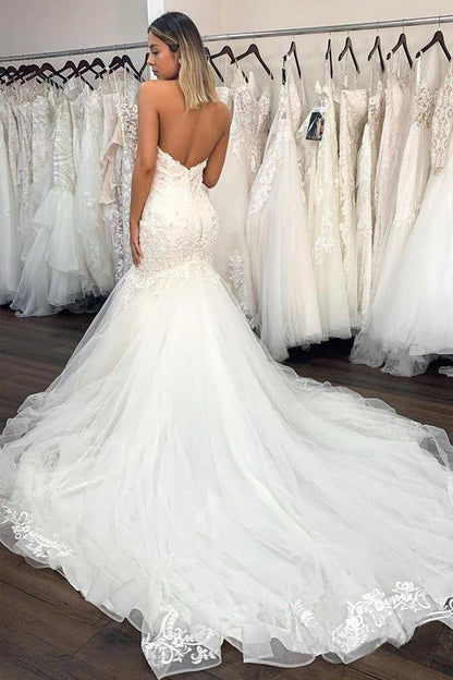 NumberSea Sexy Spitze Meerjungfrau Herzausschnitt Hochzeitskleid mit Rüschen, Brautkleid, MW748