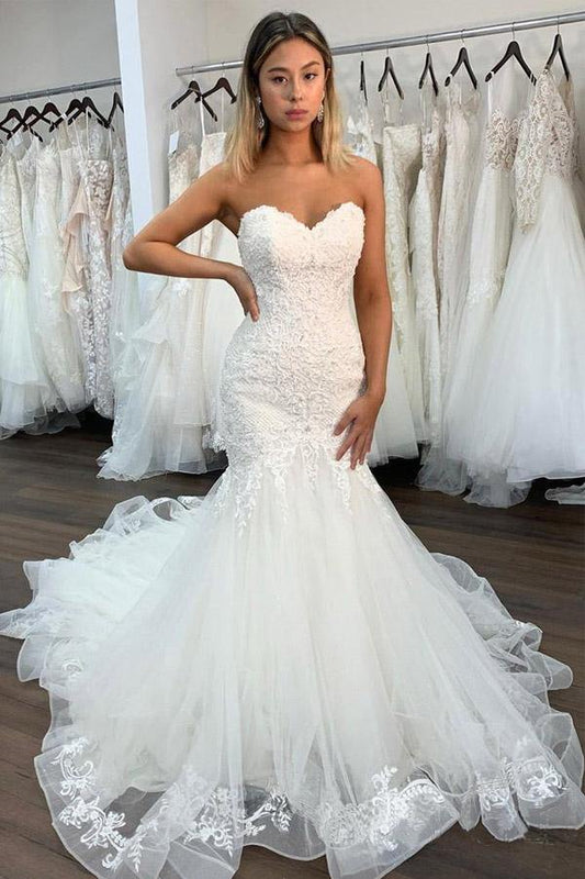 NumberSea Sexy Spitze Meerjungfrau Herzausschnitt Hochzeitskleid mit Rüschen, Brautkleid, MW748