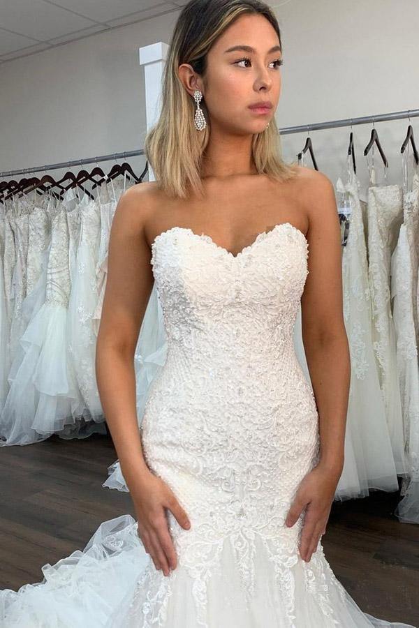 NumberSea Sexy Spitze Meerjungfrau Herzausschnitt Hochzeitskleid mit Rüschen, Brautkleid, MW748