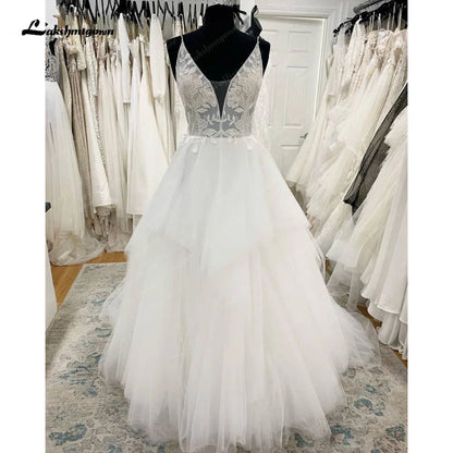 NumberSea Spaghetti Straps Wedding Dress Tiered V-Neck Princess Bride Gown Tulle Backless Zipper Vestido De Noiva