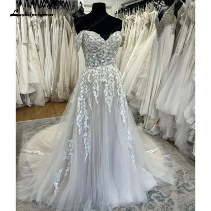 NumberSea Tulle A-Line Wedding Dresses Sweetheart Neck Sleeveless Lace Up Court Train Bride Gowns Appliques Off The Shoulder