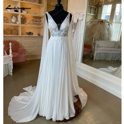 NumberSea V Neck Lace Beach A Line Wedding Dresses Vestidos De Noiva 2025 Sexy Chiffon Long Boho Bridal Gowns Backless