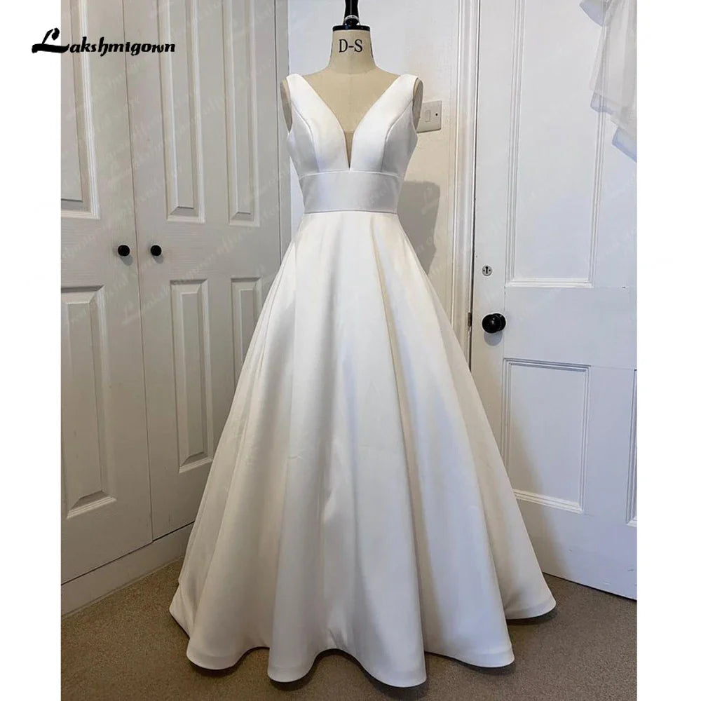 NumberSea V Neck Women Satin Wedding Dress 2025 Hochzeit Plunging V Neck Vestidos Civil Bridal Gowns Open Back