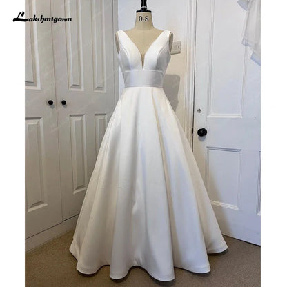 NumberSea V Neck Women Satin Wedding Dress 2025 Hochzeit Plunging V Neck Vestidos Civil Bridal Gowns Open Back