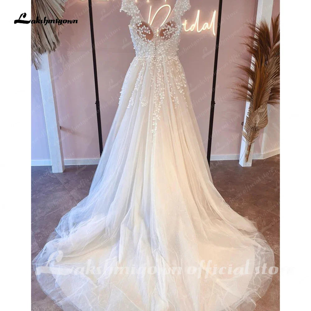 NumberSea Princess Wedding Dresses V neck Cap Sleeves 2025 Vestidos Civil Boho Bridal Dress Buttons Illusion Back