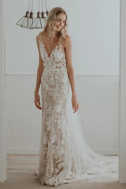 NumberSea Sheath V-neck Lace Wedding dresses With Chapel Train, Wedding Gowns, MW793