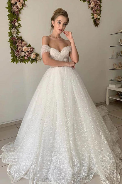 NumberSea Shiny Ivory Tulle A-line Off Shoulder Wedding Dresses, Bridal Gowns, MW849