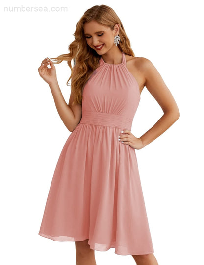 Numbersea Halter Chiffon Bridesmaid Dresses Short Sleeveless Formal Party Dress Open Back Sea28023