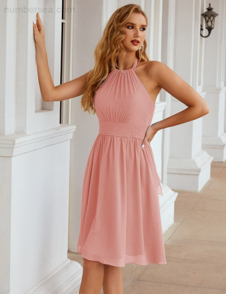 Numbersea Halter Chiffon Bridesmaid Dresses Short Sleeveless Formal Party Dress Open Back Sea28023