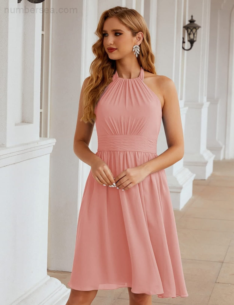 Numbersea Halter Chiffon Bridesmaid Dresses Short Sleeveless Formal Party Dress Open Back Sea28023