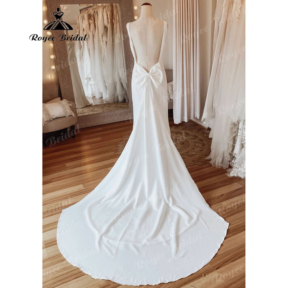 Einfacher Rundhalsausschnitt, weicher Satin, Meerjungfrau, offener Rücken, Hochzeitskleid mit Schleife, ärmellose Brautkleider, Sukienka na wesele, NumberSea